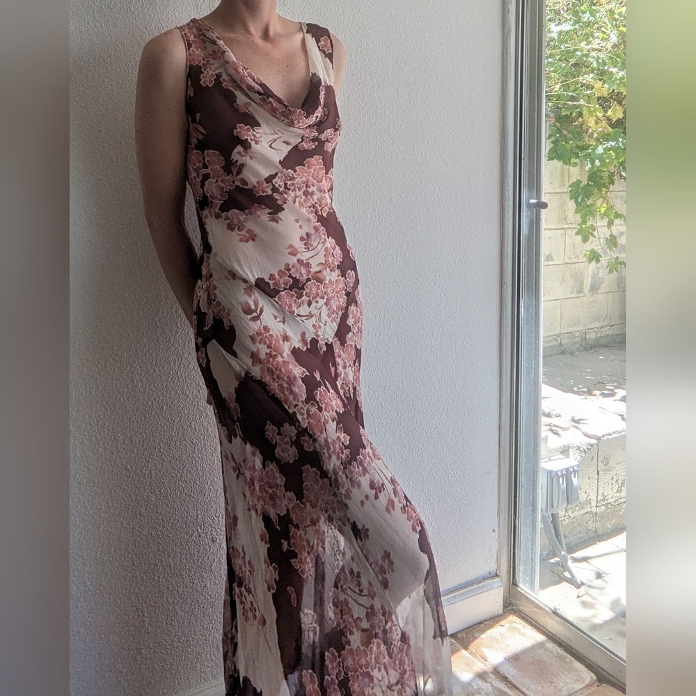 Floral Beaded Bias Cowl neck sleeveless Maxi Dress